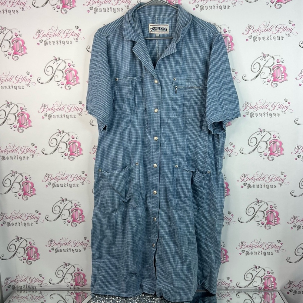 Only denims dress button up silver vintage pockets plaid Blue Button-Up Dress